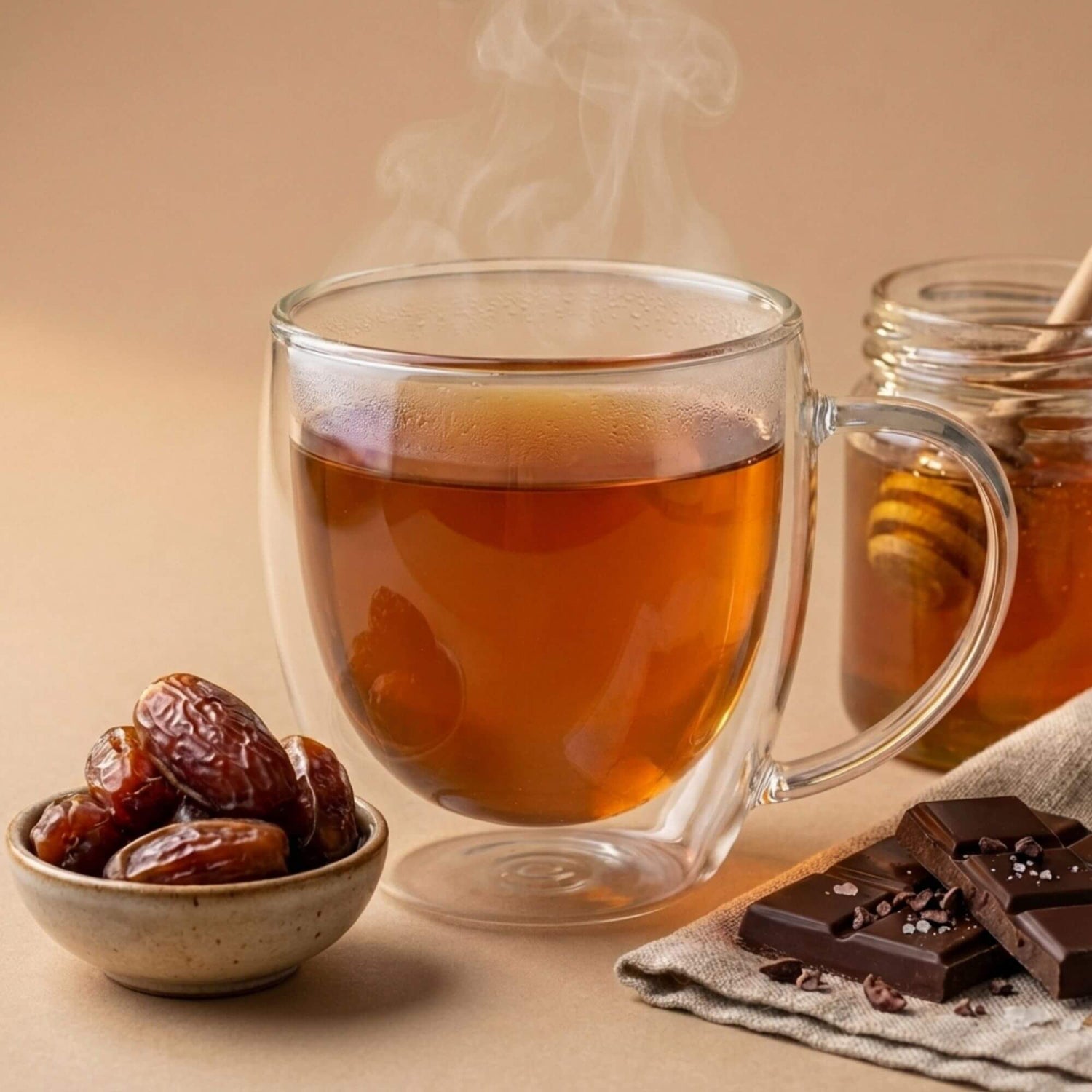 Infusion chaude gourmande avec dattes et chocolat Naturo Sunna