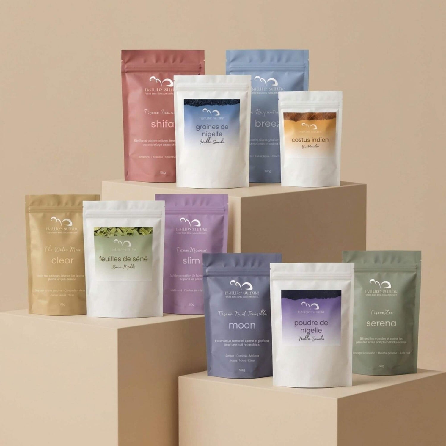 Packs de tisanes et plantes naturelles Naturo Sunna présentés ensemble