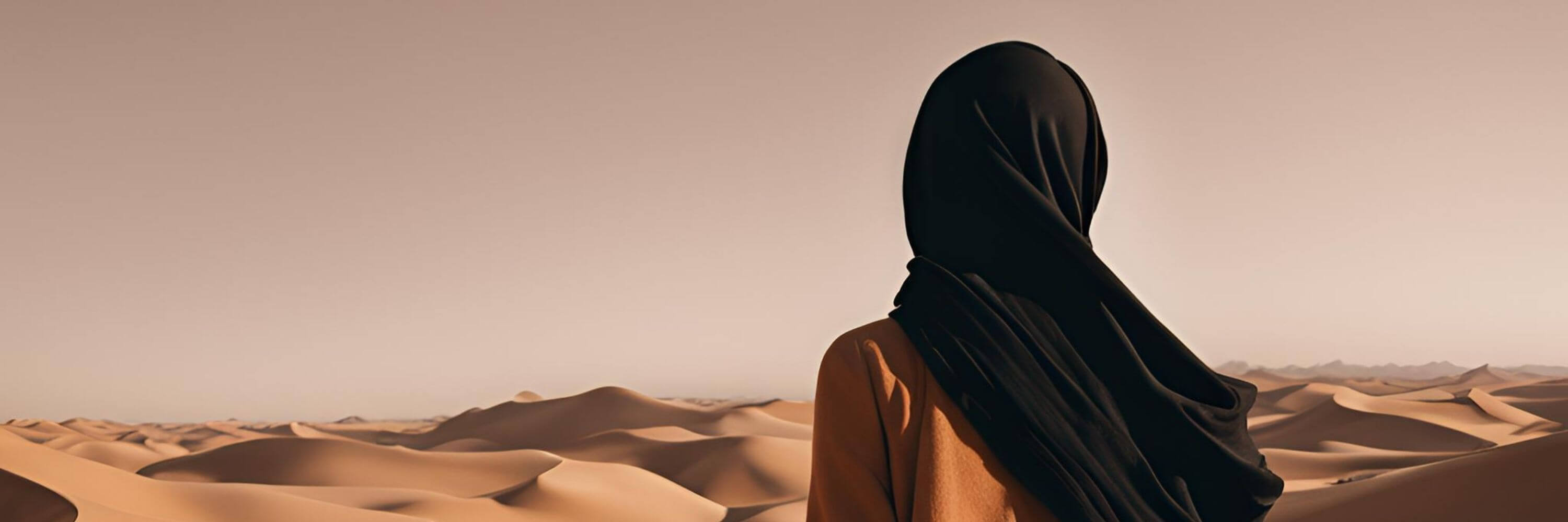 Paysage de désert avec une silhouette voilée contemplant l’horizon, représentant l’identité, les valeurs et la vision naturelle de Naturo Sunna.