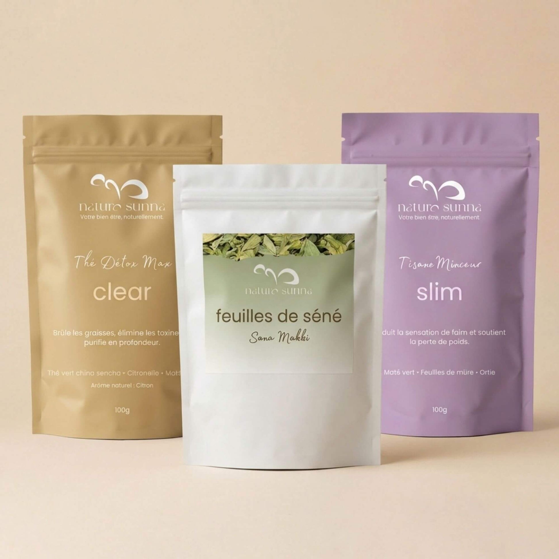 Pack Reset Naturo Sunna : thé Clear, tisane Slim et feuilles de séné, sélection de produits pour une routine minceur et détox