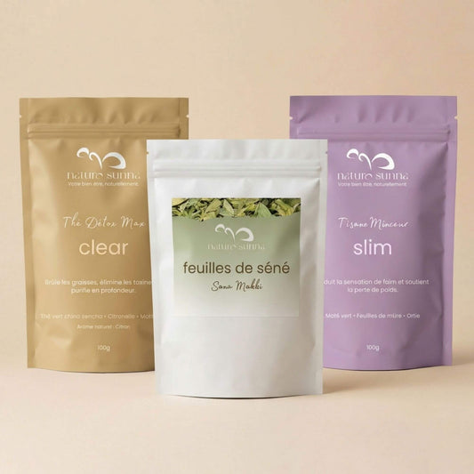 Pack Reset Naturo Sunna : thé Clear, tisane Slim et feuilles de séné, sélection de produits pour une routine minceur et détox