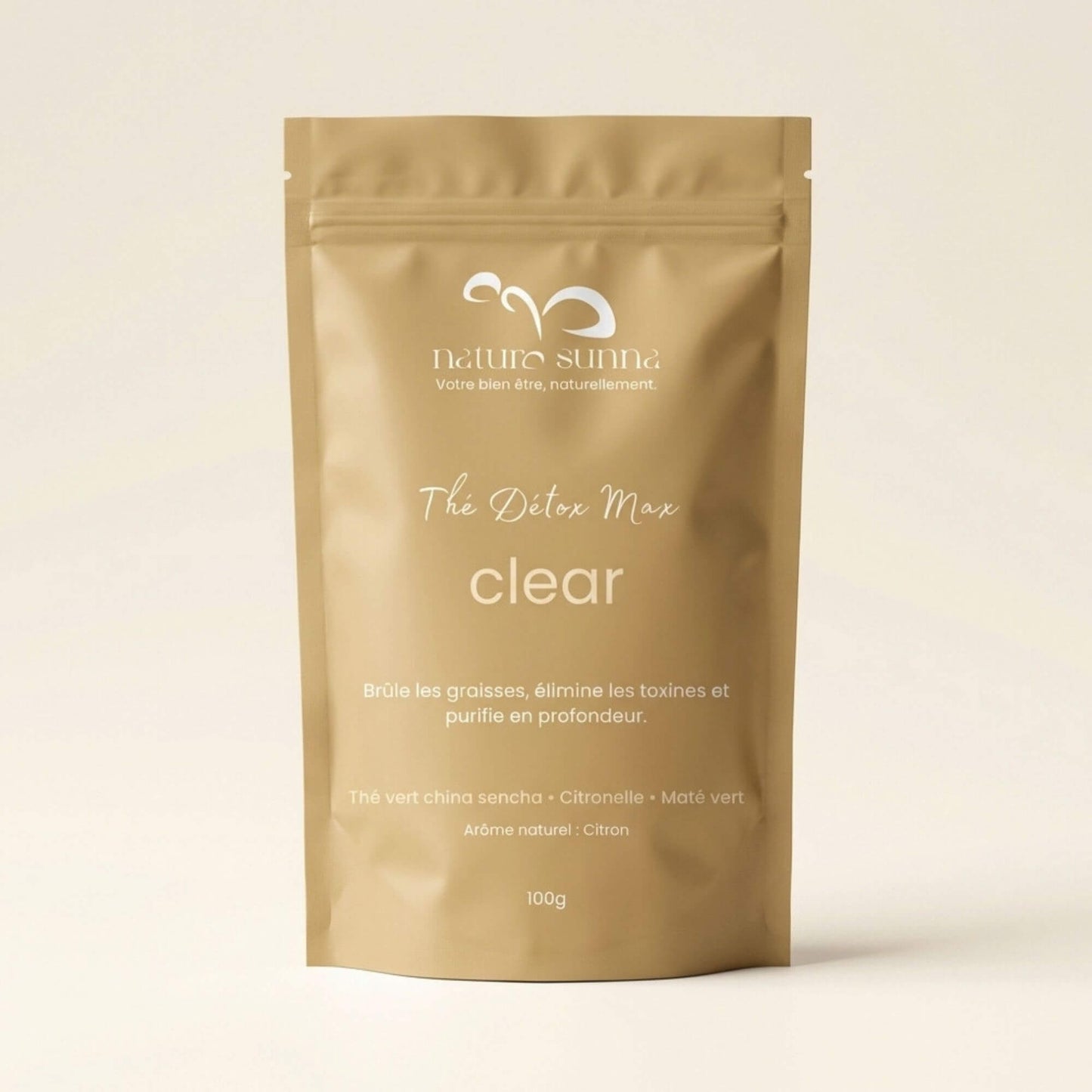 Sachet de thé détox Clear Naturo Sunna, détox au thé vert, citronnelle et maté, infusion bien-être détox quotidienne