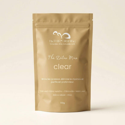 Sachet de thé détox Clear Naturo Sunna, détox au thé vert, citronnelle et maté, infusion bien-être détox quotidienne