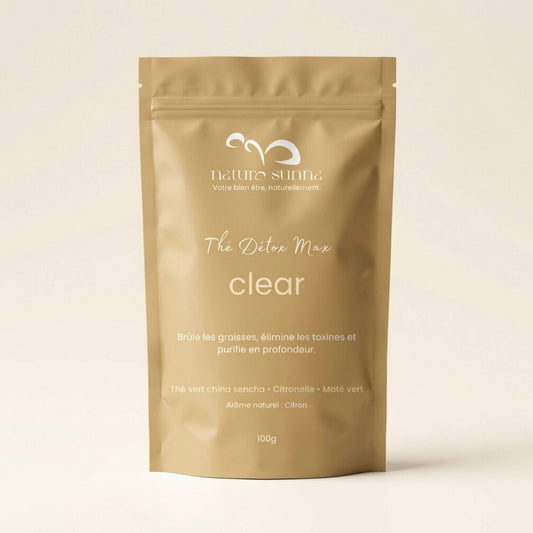 Sachet de thé détox Clear Naturo Sunna, détox au thé vert, citronnelle et maté, infusion bien-être détox quotidienne