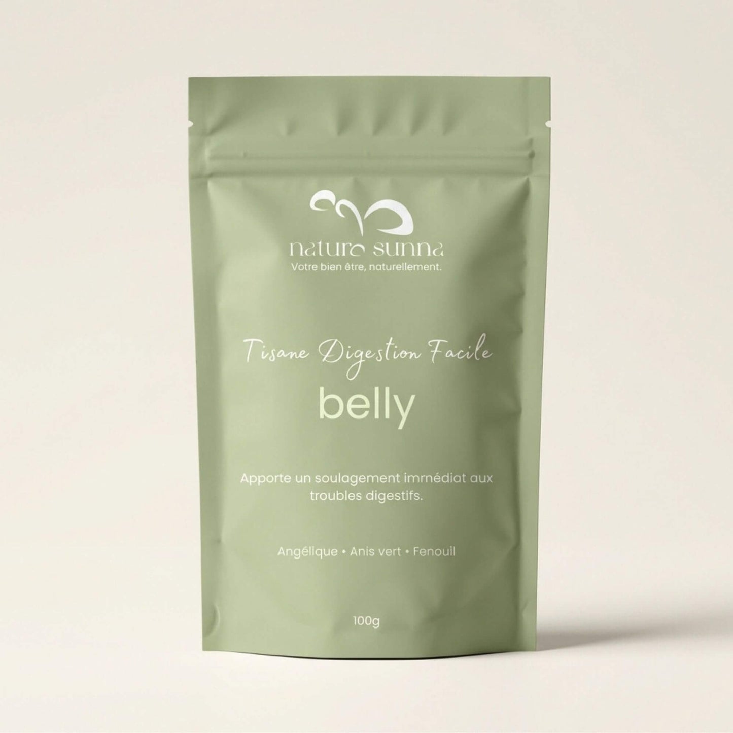 Sachet de tisane digestion Belly Naturo Sunna, infusion à l’angélique, anis et fenouil, tisane pour le confort digestif