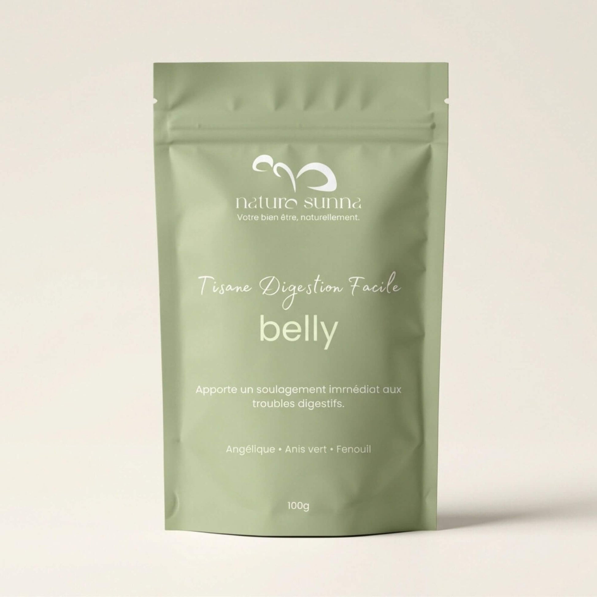 Sachet de tisane digestion Belly Naturo Sunna, infusion à l’angélique, anis et fenouil, tisane pour le confort digestif