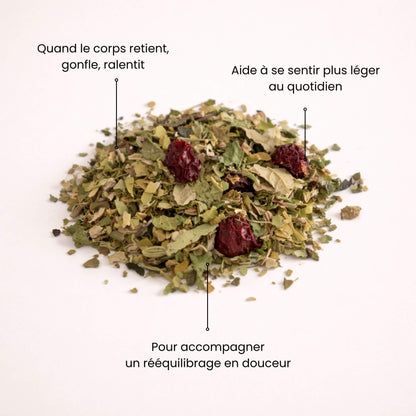 Mélange de plantes séchées pour tisane détox Naturo Sunna, idéale lorsque le corps retient, gonfle et se sent ralenti