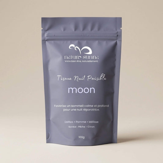 Sachet de tisane sommeil Moon Naturo Sunna, infusion naturelle à la datte, pomme et mélisse, tisane du soir
